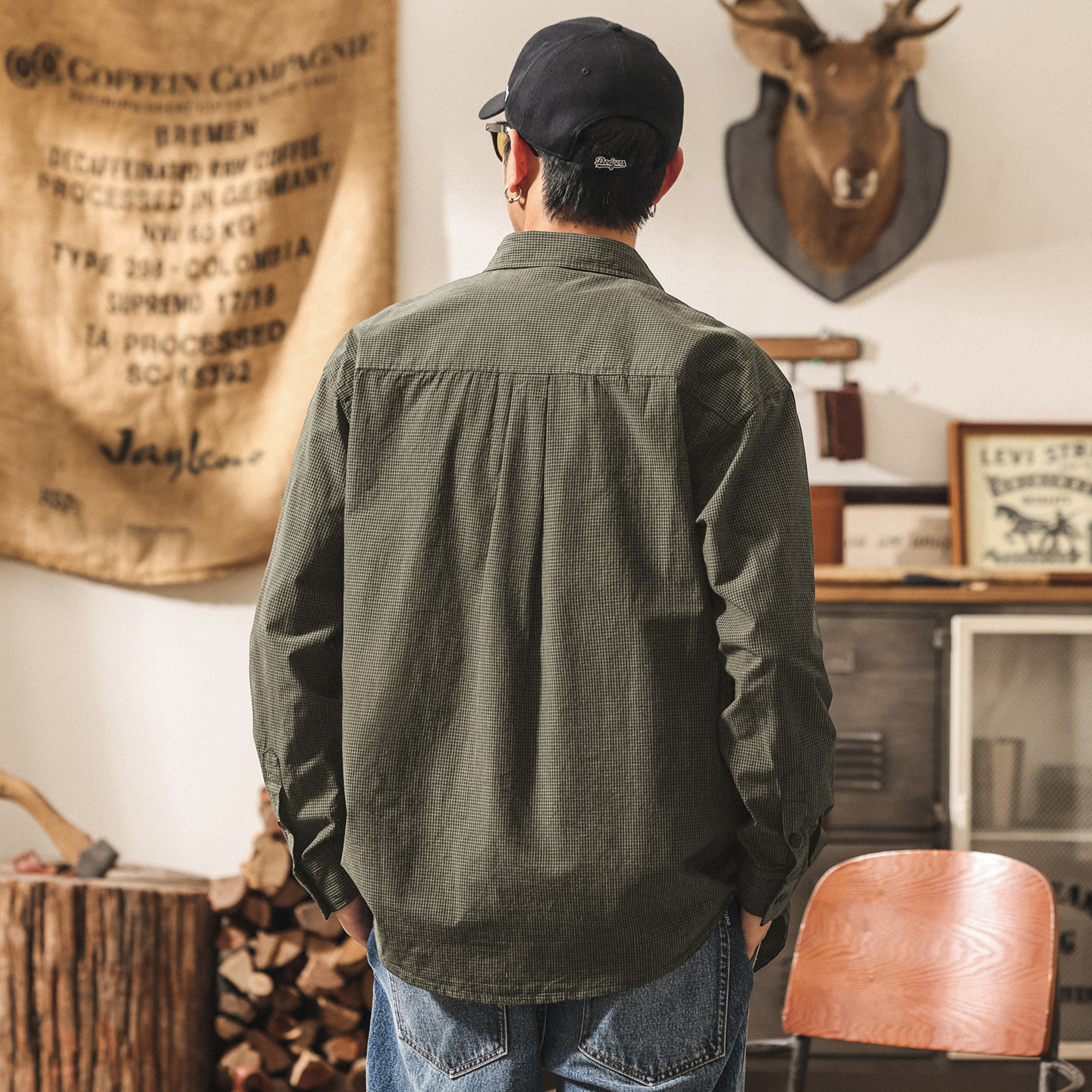 美式復古老錢風薄款千鳥格襯衫男款春季潮流長袖襯衣男士寬鬆外套