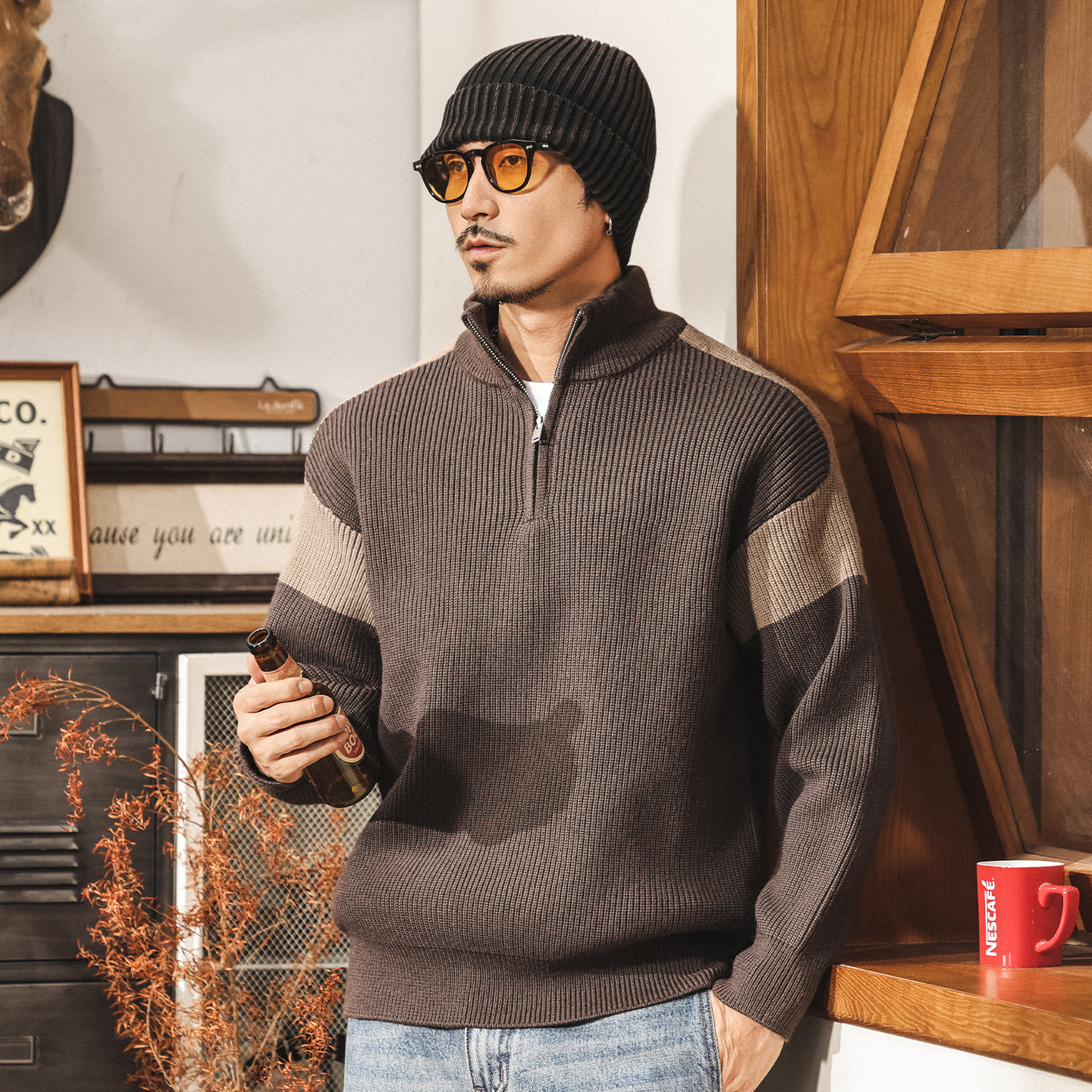 美式復古半高領拉鍊加厚毛衣男冬季保暖潮牌撞色寬鬆針織衫外套男