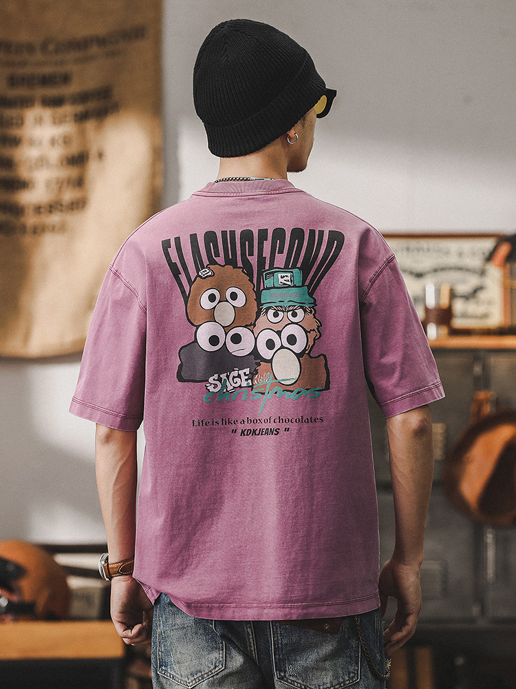 美式潮牌紫色T恤男2024新款趣味塗鴉夏季300g重磅短袖寬鬆上衣男