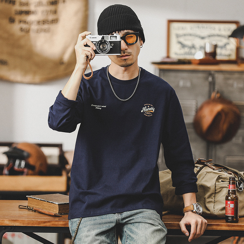 美式260g重磅T恤男長袖2024新款寬鬆簡約印花體恤男男士上衣