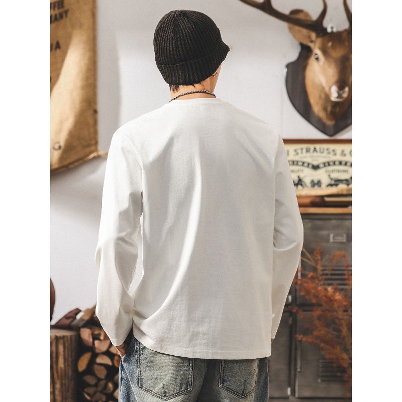 美式復古重磅長袖t恤男2025秋季新款寬鬆簡約潮牌男裝白色上衣男T
