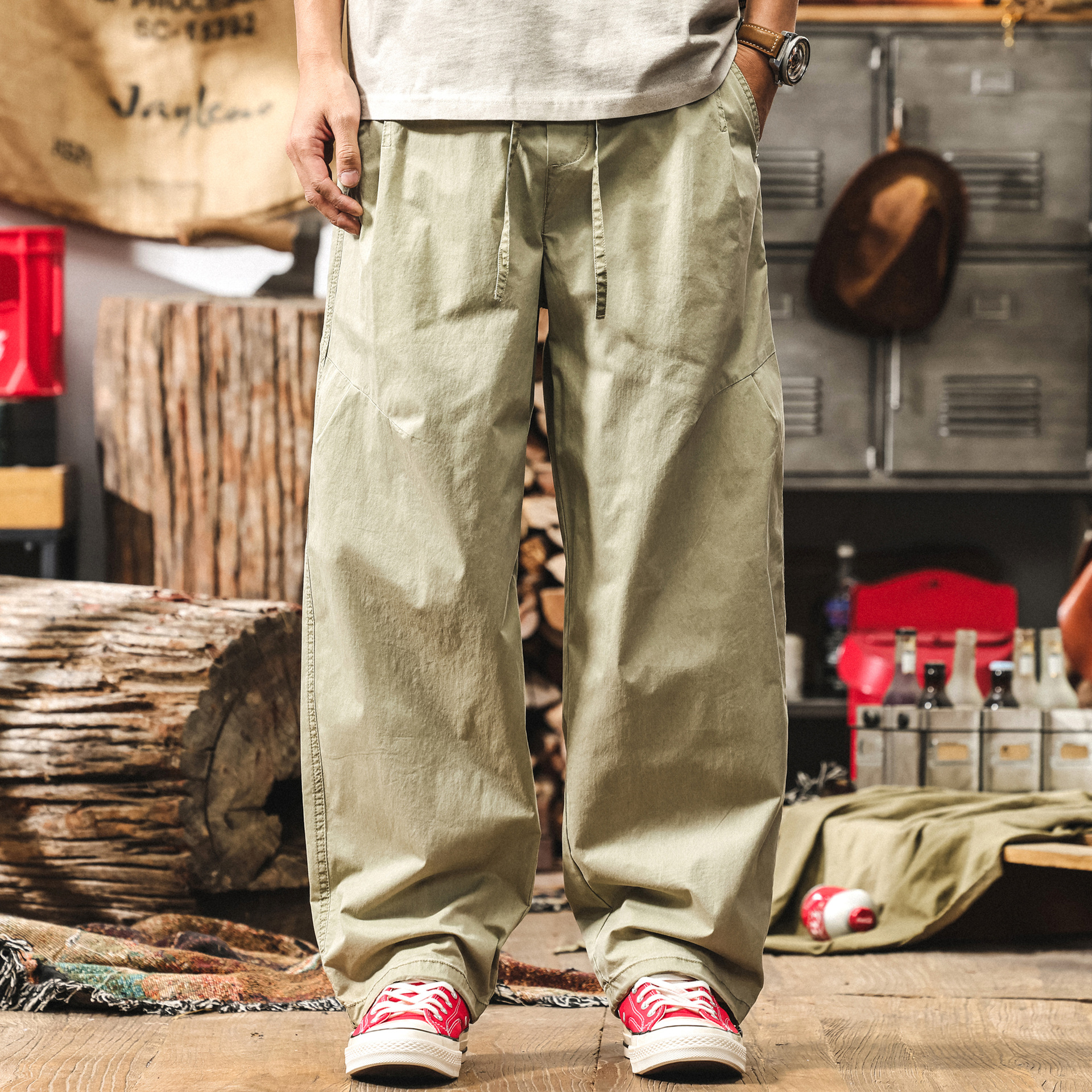 美式復古寬鬆闊腿休閒褲男士夏季新款直筒褲子拼接潮牌工裝束腳褲