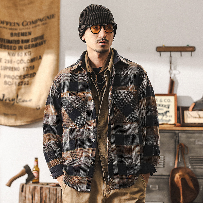 美式復古580g重磅色織格子襯衫外套男春秋2025新款潮流休閒襯衣男