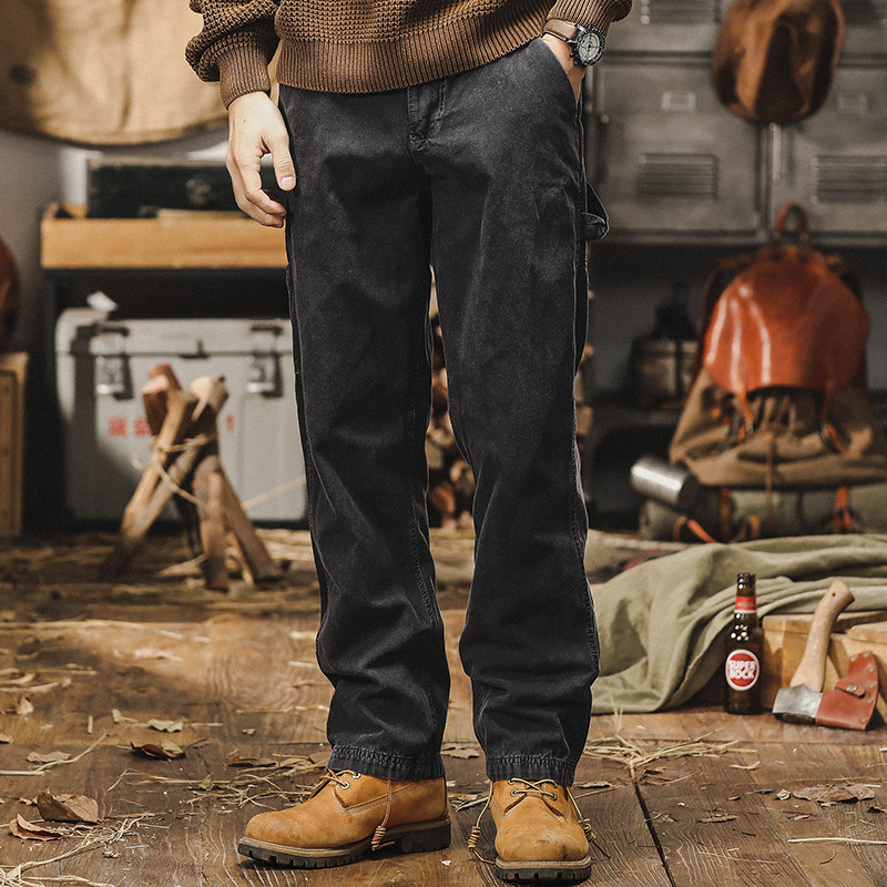 美式經典黑色工裝褲子男寬鬆直筒2024新款潮牌水洗做舊百搭休閒褲