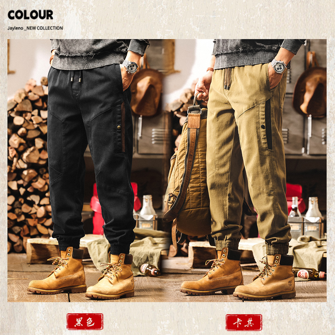 美式復古重磅黑色工裝褲子男2025秋季寬鬆新款拼接束腳男士休閒褲