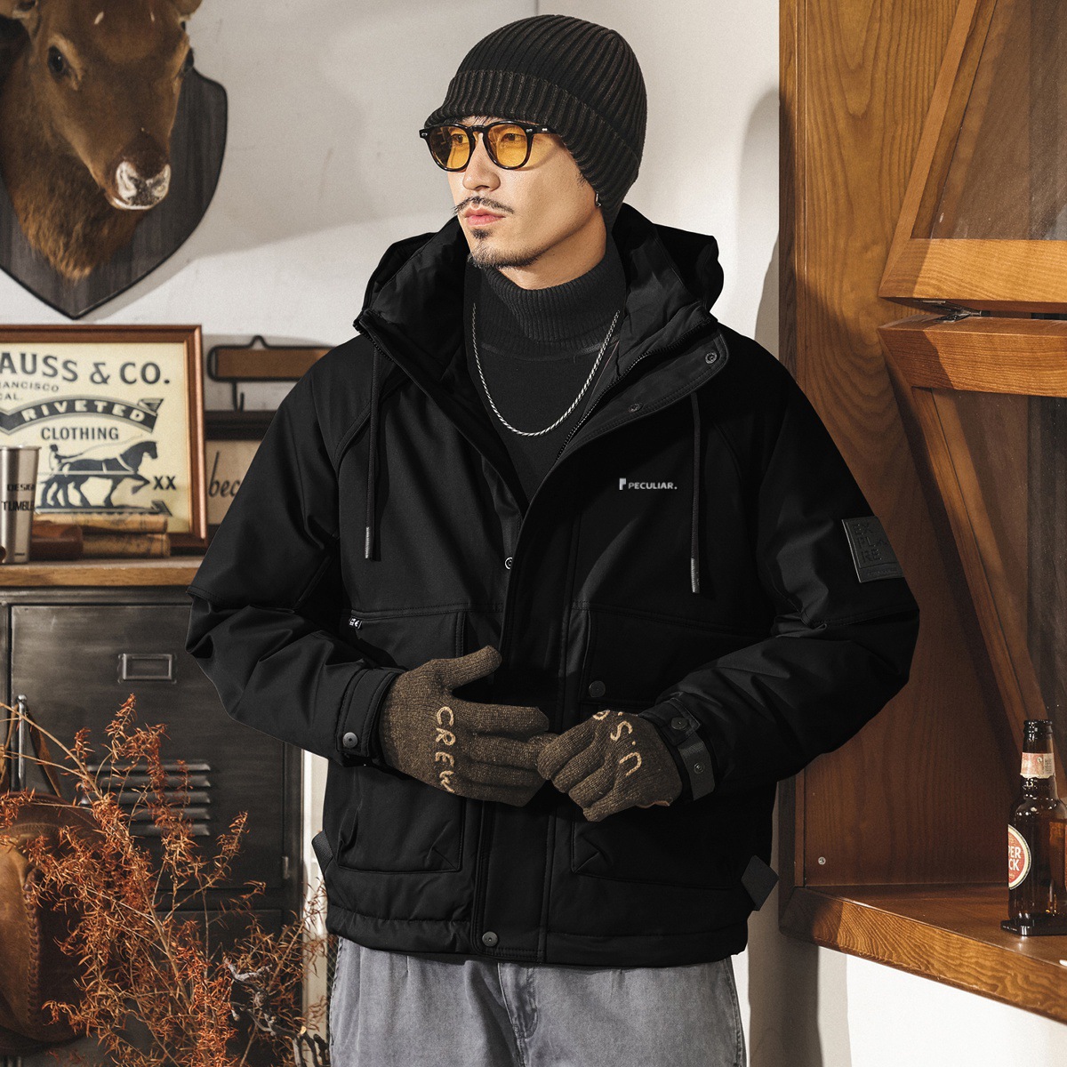 美式復古90純白鴨絨連帽工裝羽絨服男冬季加厚保暖禦寒派克服外套