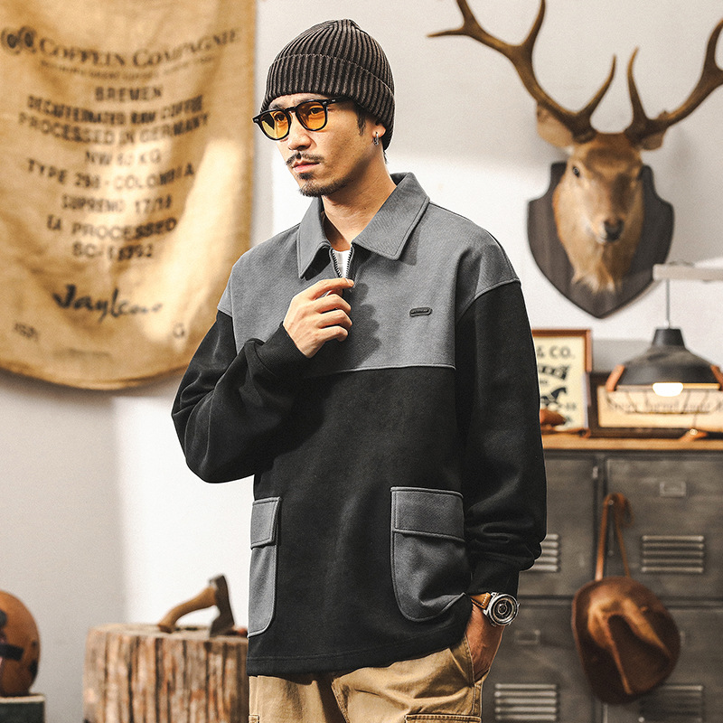 美式復古重磅衛衣男秋季潮牌撞色拼接上衣寬鬆大碼POLO衫男秋冬款