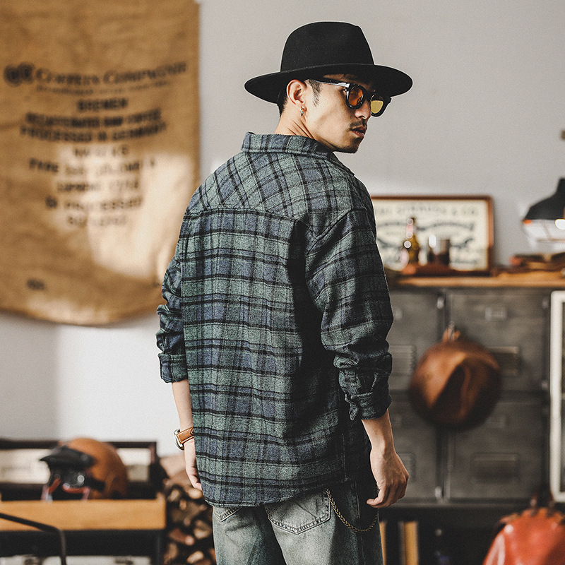 春季新款重磅色織格紋襯衫男長袖美式重磅復古2024新款春秋外套男