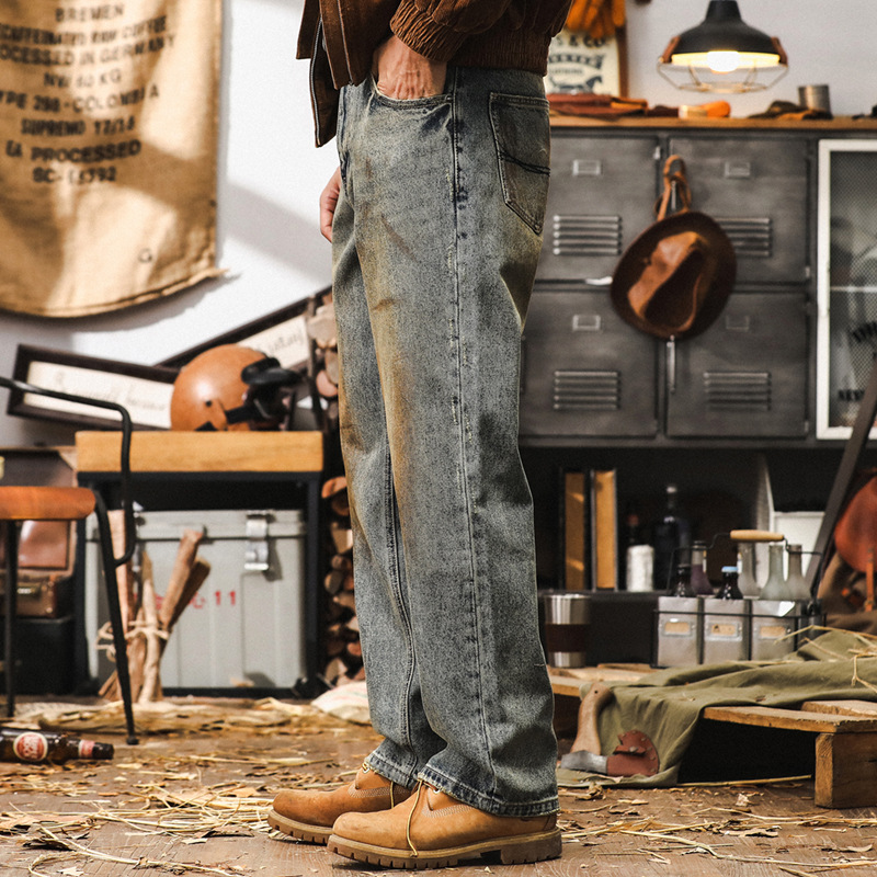 美式做舊臟染牛仔褲男款寬鬆直筒高街潮牌褲子男復古水洗休閒長褲