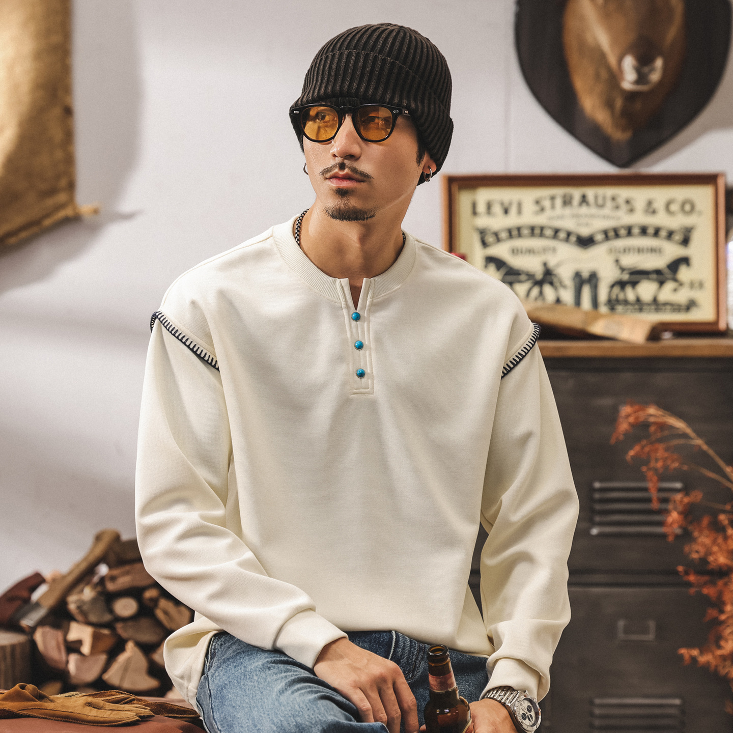 美式復古亨利領衛衣男春秋新款潮流設計感長袖男t恤寬鬆休閒上衣