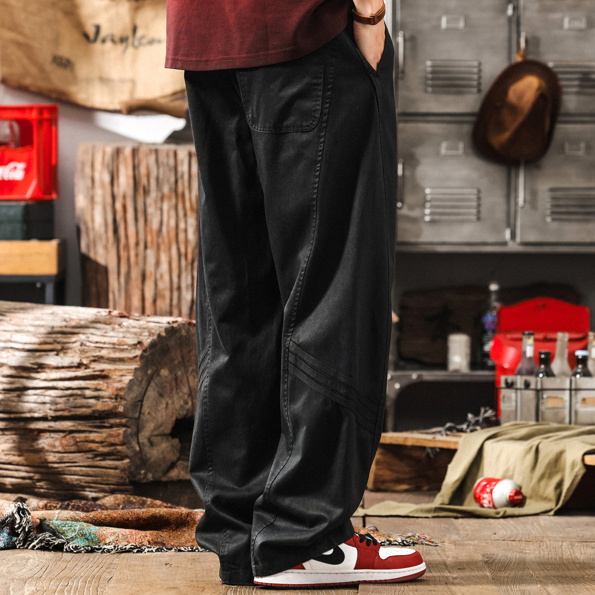 美式復古天絲萊賽爾薄款長褲子男夏季寬鬆直筒垂感黑色男士休閒褲