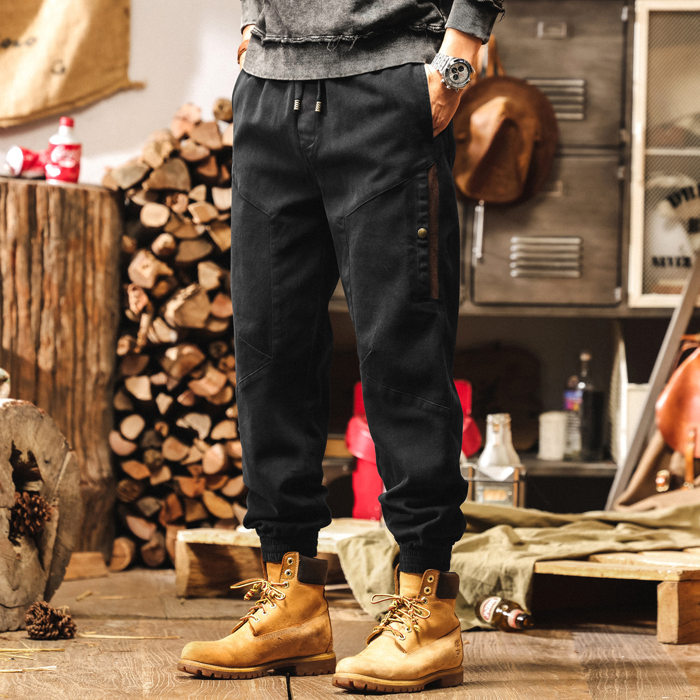 美式復古重磅黑色工裝褲子男2025秋季寬鬆新款拼接束腳男士休閒褲