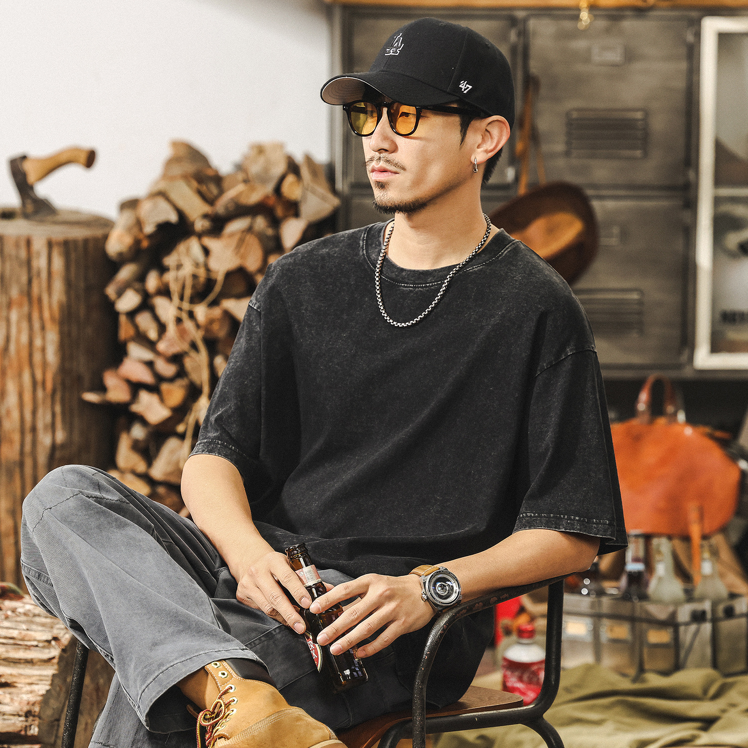 美式復古做舊炒雪花水洗短袖T恤男夏季潮牌日系寬鬆休閒上衣