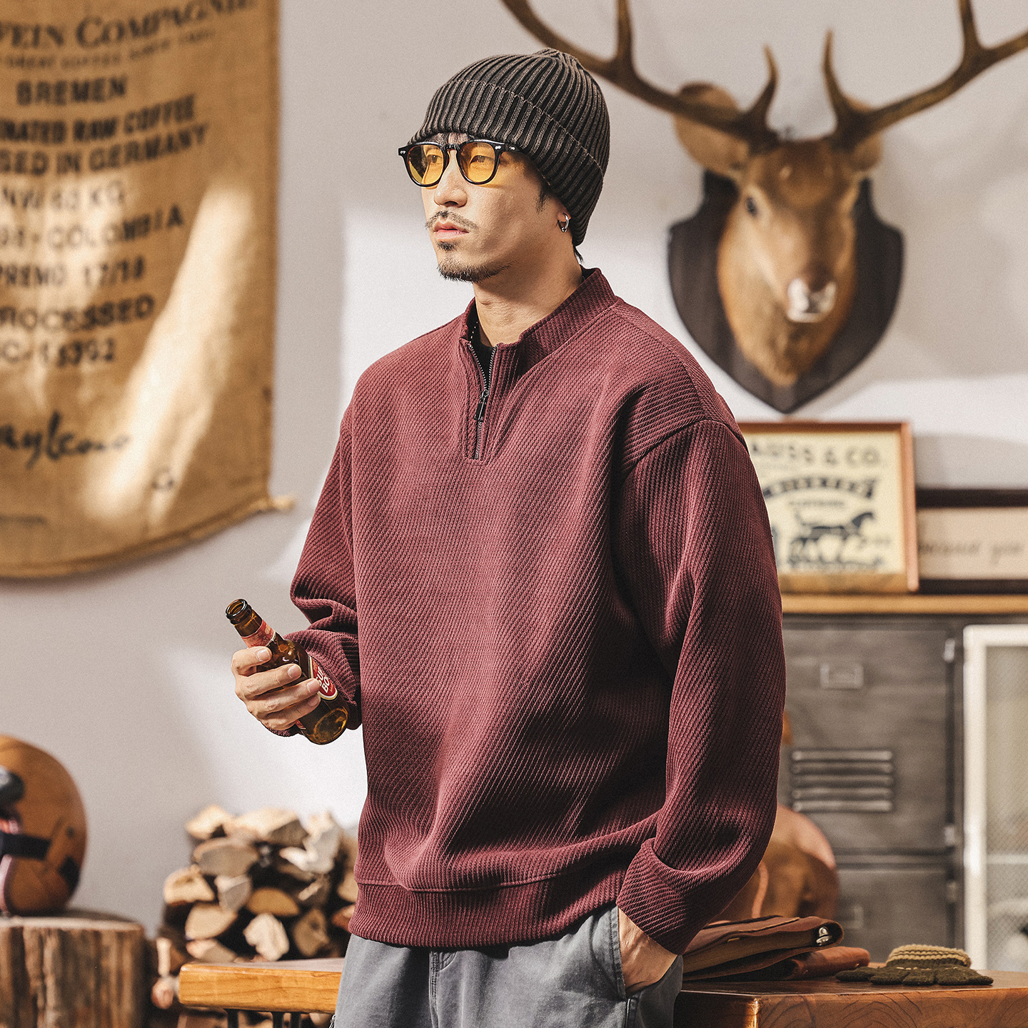 美式復古拉鍊半高領重磅衛衣男春秋新款立領寬鬆潮流休閒男士外套