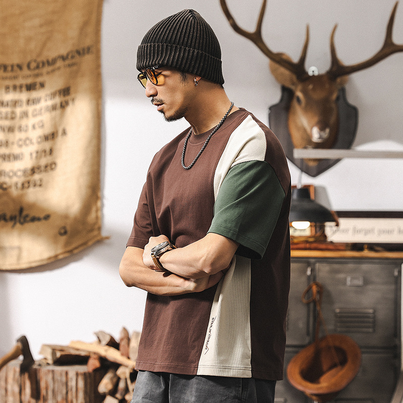 250g重磅T恤男美式復古2025新款潮流拼色短袖男夏季寬鬆男士上衣T