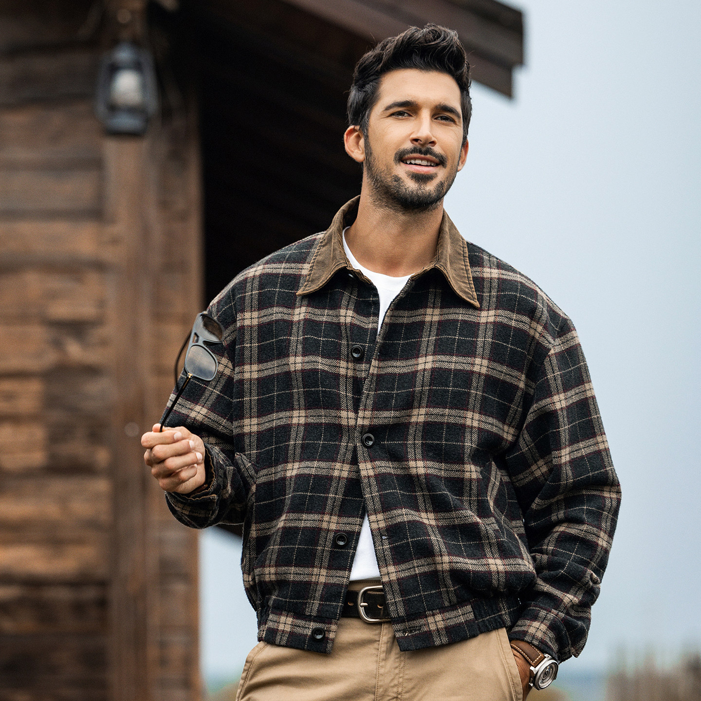 美式復古老錢風格紋夾克男春季2026潮牌重磅綿羊毛寬鬆短款外套男