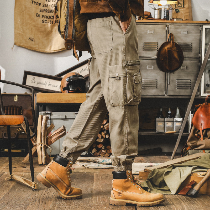 美式複古卡其色工裝褲子男秋季寬松休閑長褲潮牌多口袋男士束腳褲