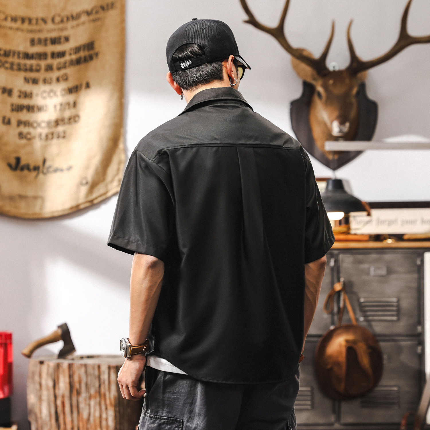 抗皺免燙垂感莫代爾短袖襯衫男夏季2025新款潮牌美式寬鬆男士襯衣