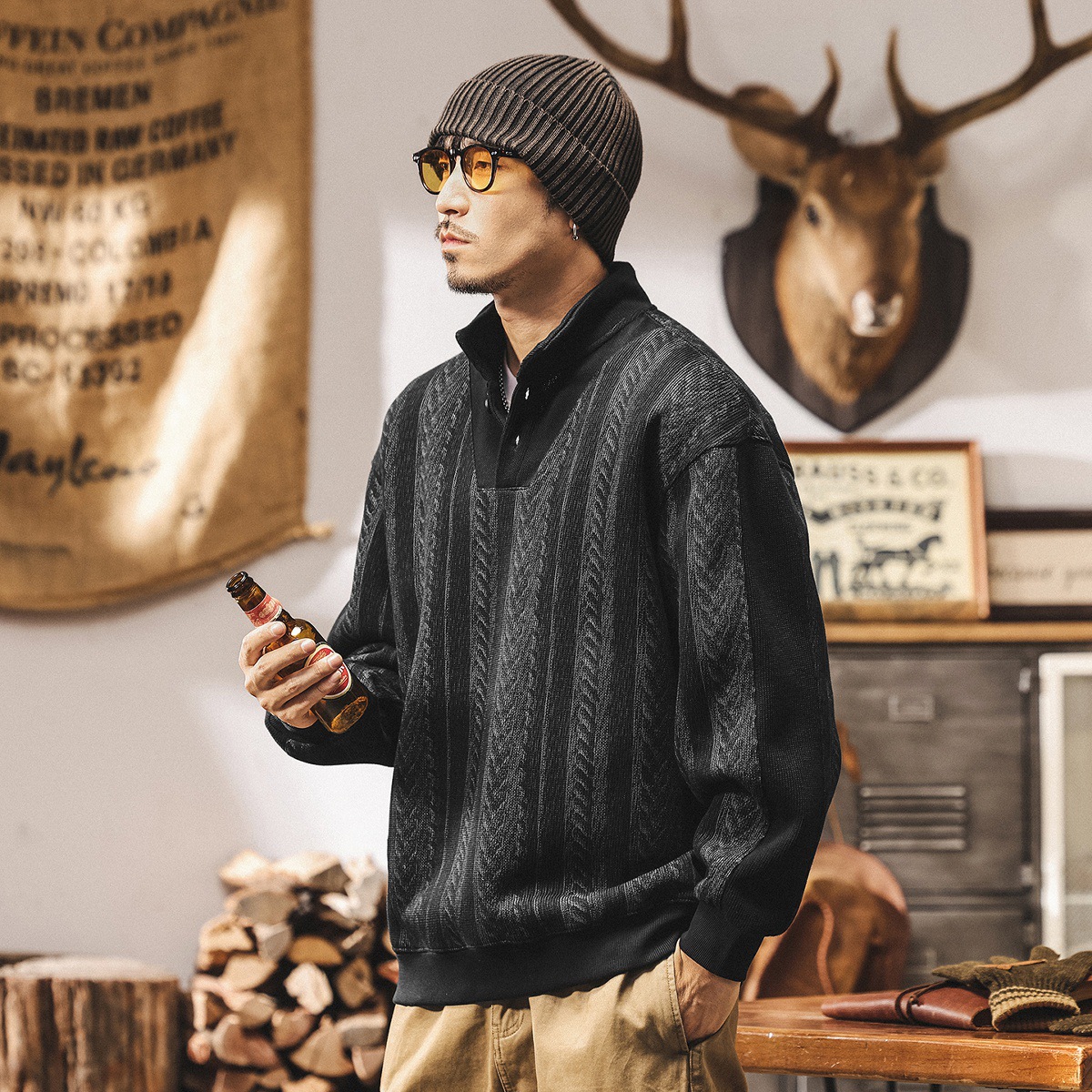 美式復古重磅半高領衛衣男款春秋潮牌寬鬆新款秋冬輕熟男士上衣潮