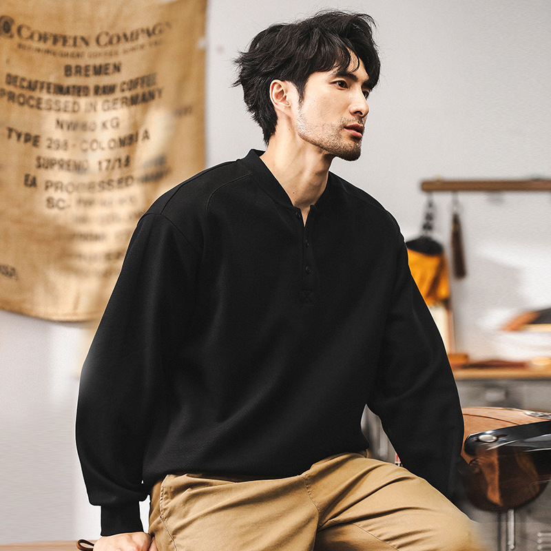 美式復古重磅衛衣男秋季潮牌亨利領半開衫外套男春秋款長袖POLO衫