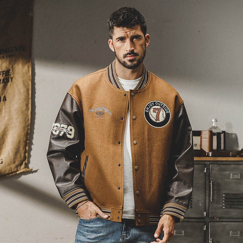 冬季720g重磅羊毛呢外套男美式復古棒球服寬鬆潮牌教練夾克秋冬款