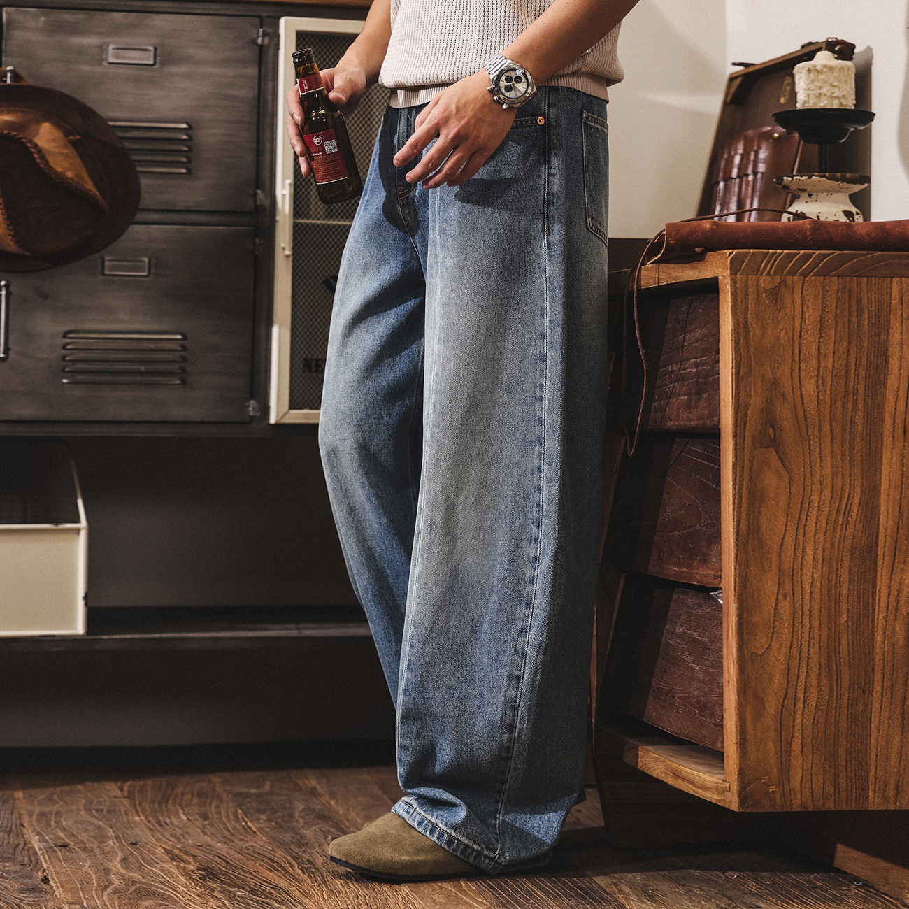 美式復古春季牛仔褲男款2026新款潮牌寬鬆闊腿彎刀褲男生休閒長褲