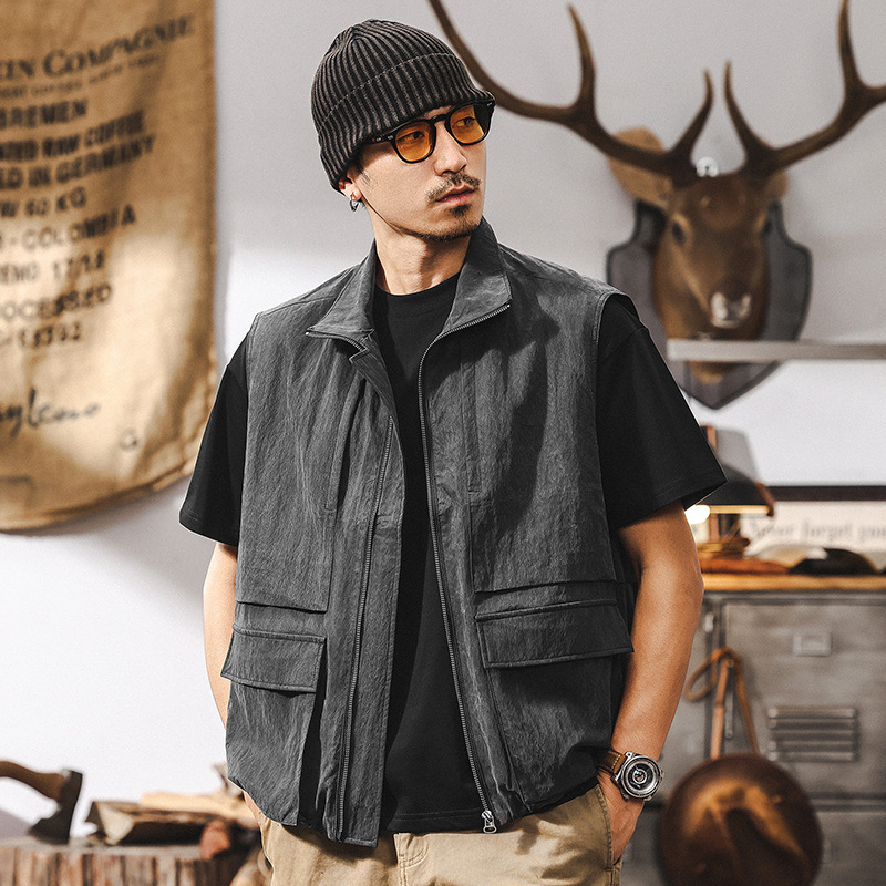 萊賽爾天絲薄款馬甲男士春季2025新款潮牌復古巴能風工裝夾克外套