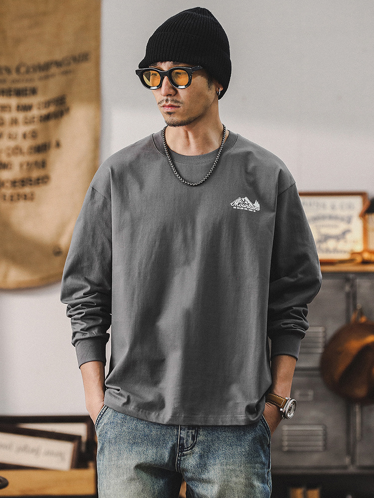 春季新款美式山系T恤男長袖寬鬆潮牌260g重磅男士上衣打底衫