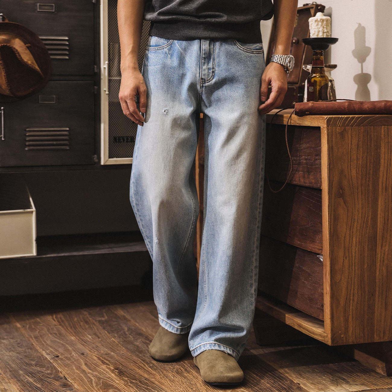 美式復古水洗磨白闊腿牛仔褲男款2026新款春季潮牌寬鬆休閒直筒褲