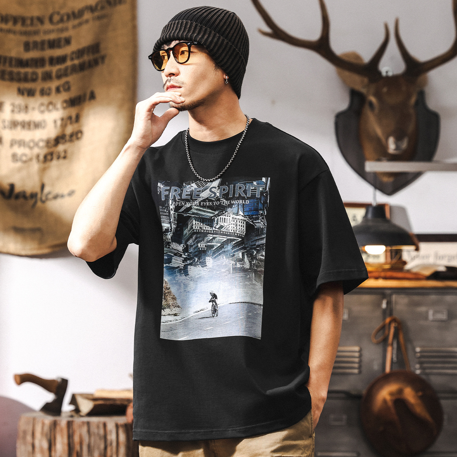 美式復古300g重磅T恤男夏季短袖2025新款潮流印花休閒上衣男