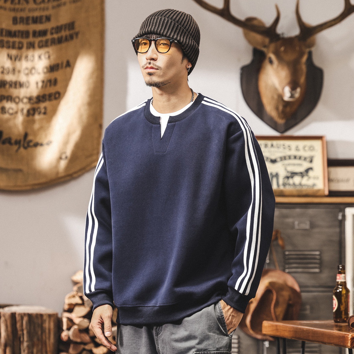 美式復古假兩件420g重磅衛衣男士春秋寬鬆2025新款三條槓男生上衣