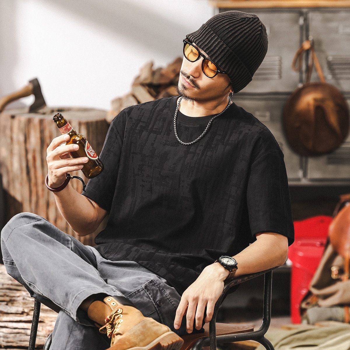 美式復古肌理感提花短袖T恤男夏季2025新款潮流高級感休閒上衣男