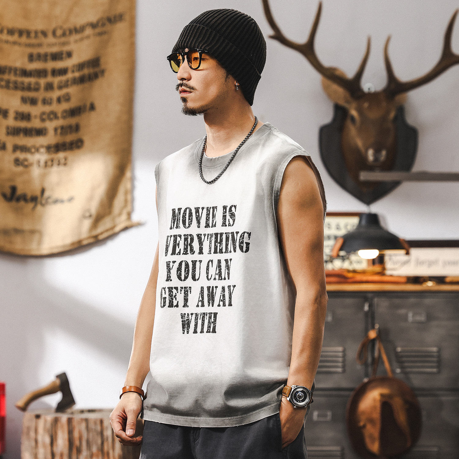 美式復古運動休閒坎肩健身背心男款夏季潮流印花寬鬆無袖男士T恤