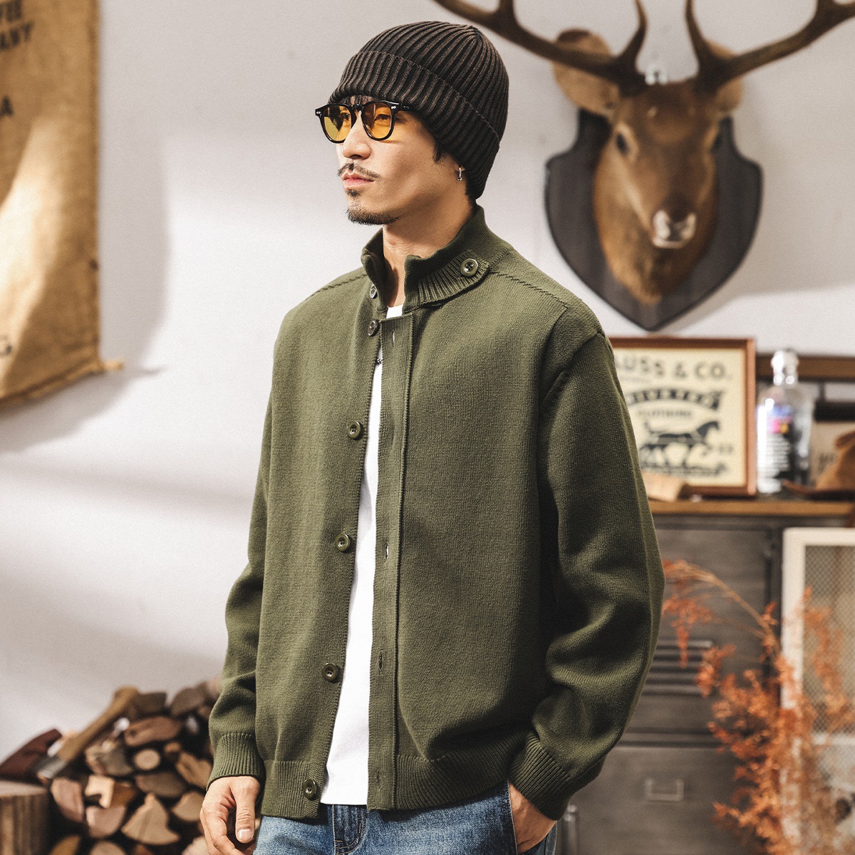 美式復古重磅半高領開衫毛衣男春秋新款立領男士針織衫外套男秋冬