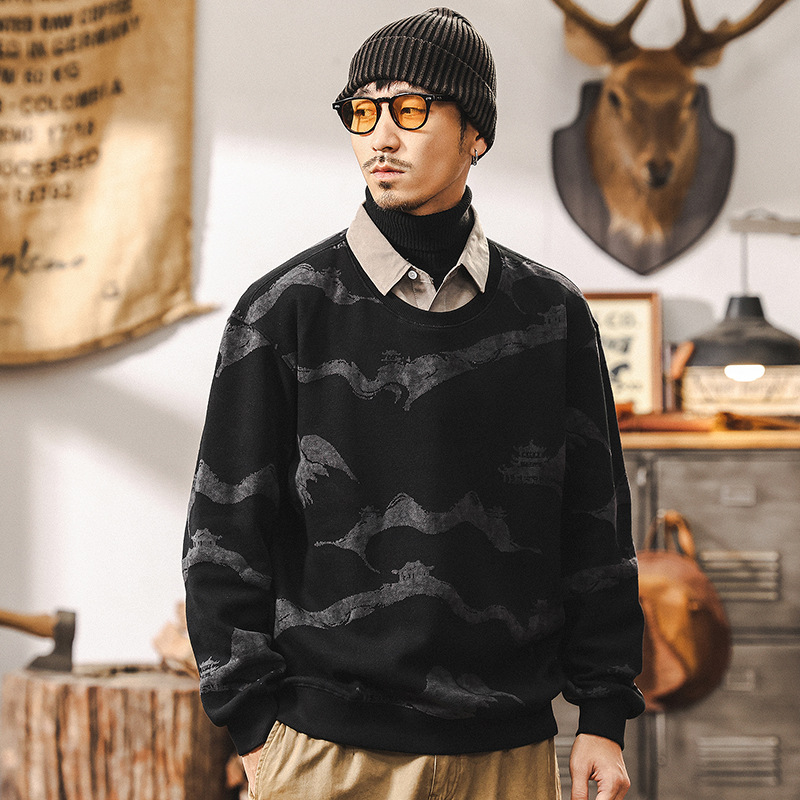 美式重磅復古假兩件衛衣男長袖春秋2025新款提花仿毛織襯衫領男裝
