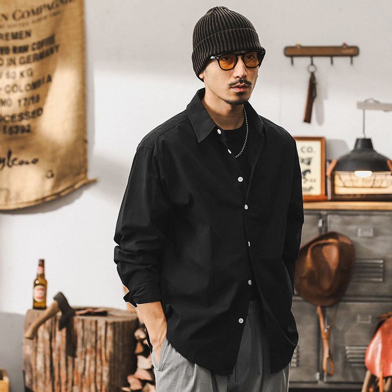 美式32支霧化精梳棉長袖襯衫男秋季上班通勤寬鬆休閒男士上衣襯衣