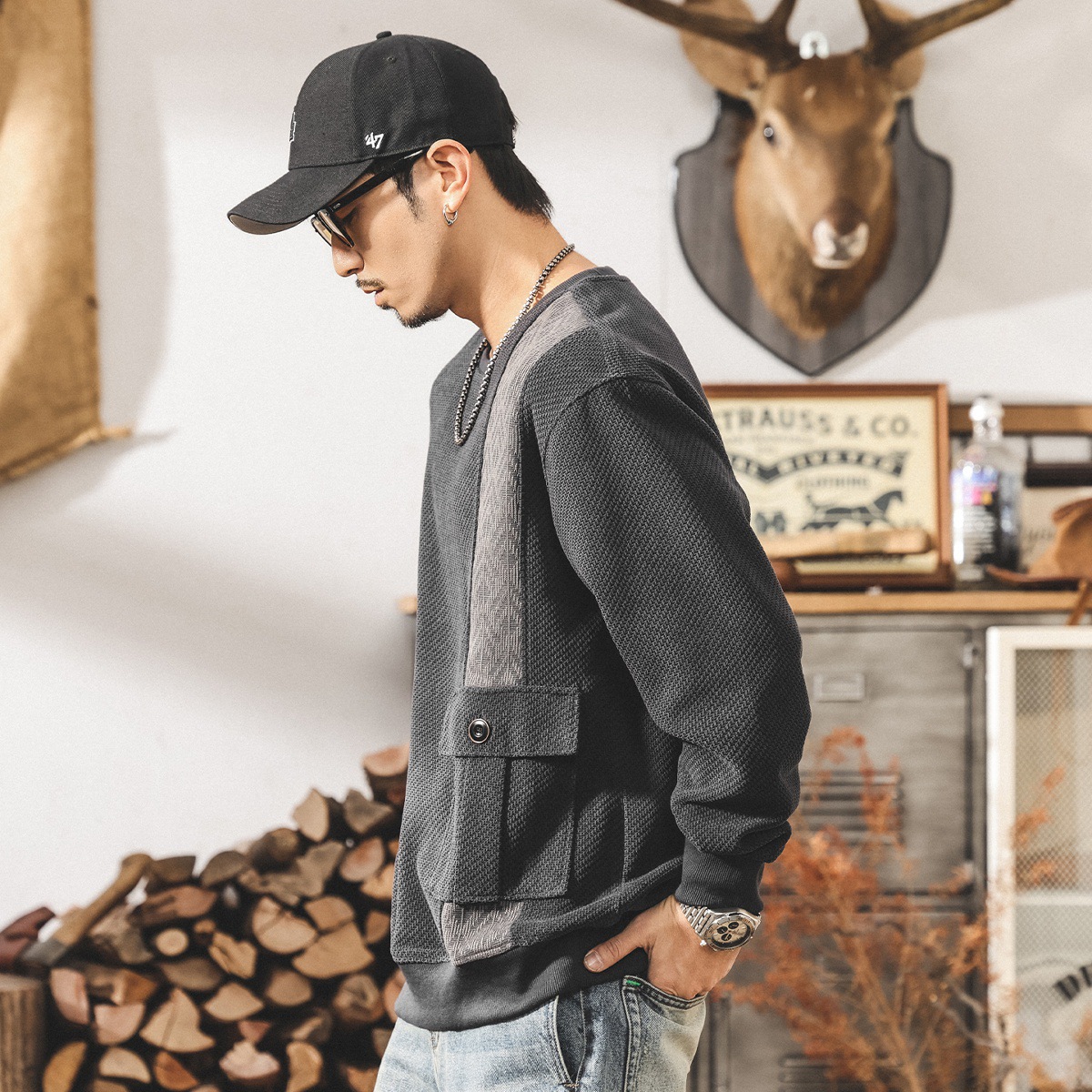 美式復古360g重磅秋季新款提花針織衛衣男2025新款潮流寬鬆上衣男