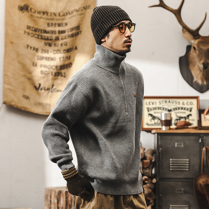 美式復古700g重磅針織毛衣男冬季厚實慵懶風半拉鍊高領毛線衣外套