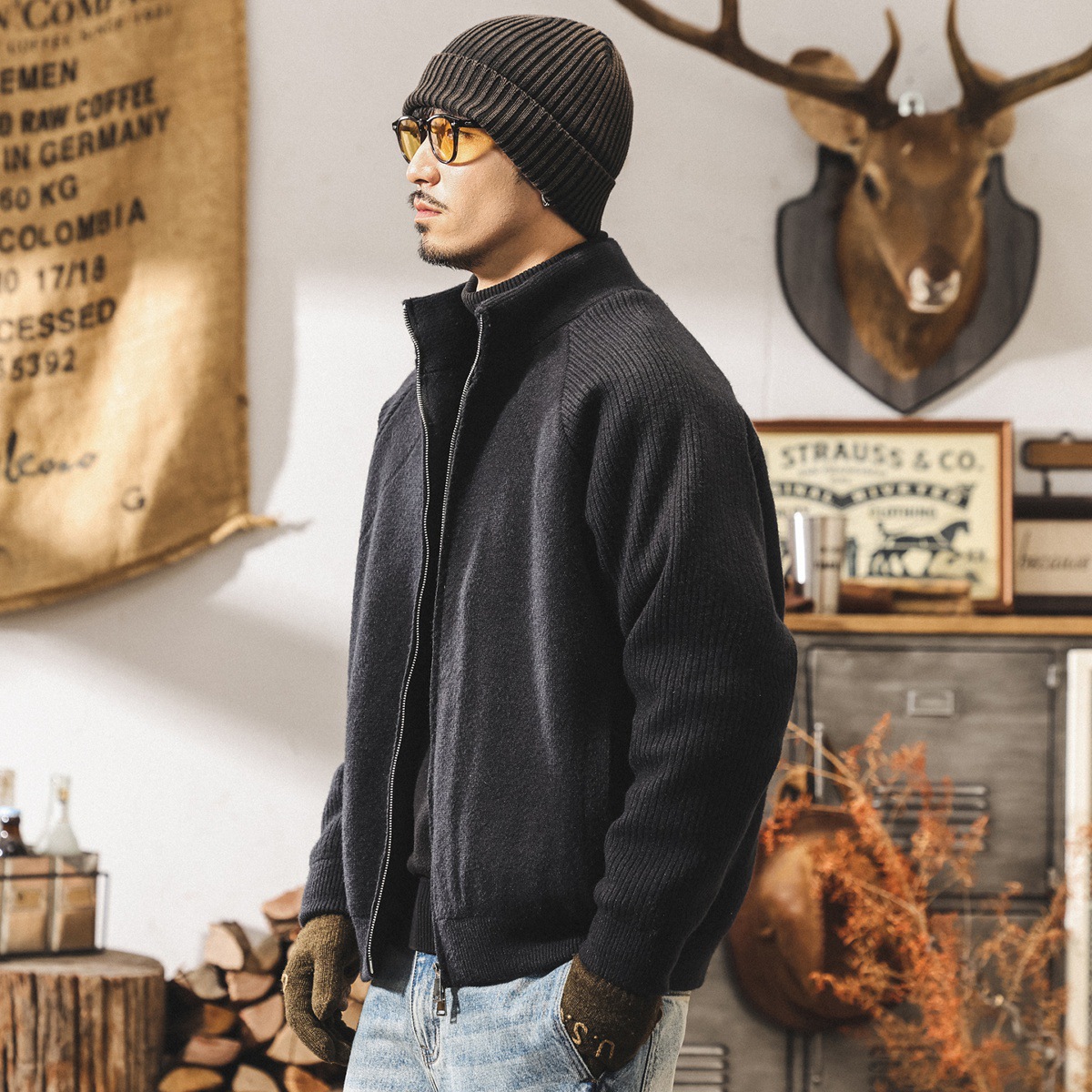 美式復古針織羽絨服男款冬季加厚半高領男士毛衣寬鬆抗寒保暖外套