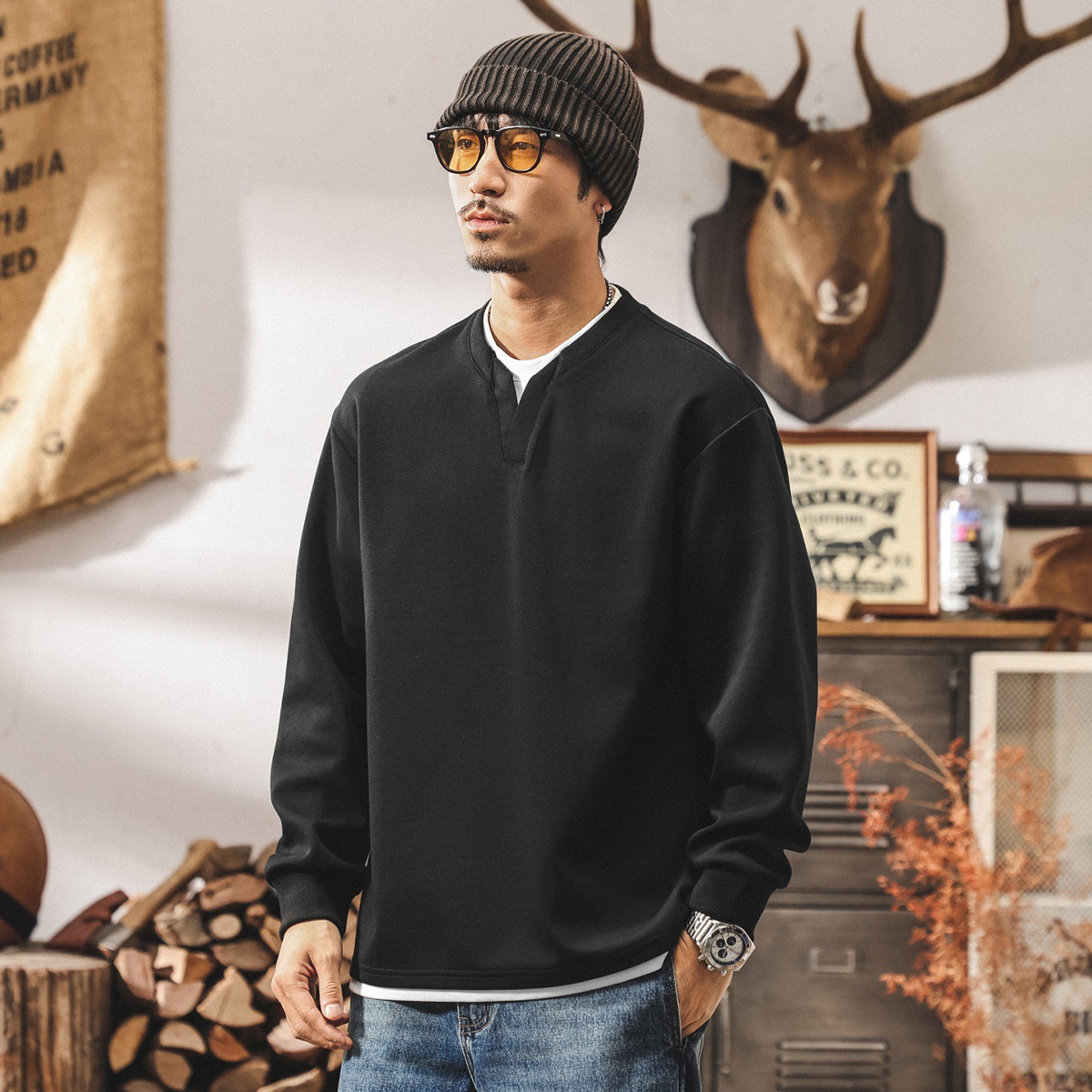 美式復古280g重磅衛衣男春秋2025新款假兩件V領長袖t恤秋季上衣男