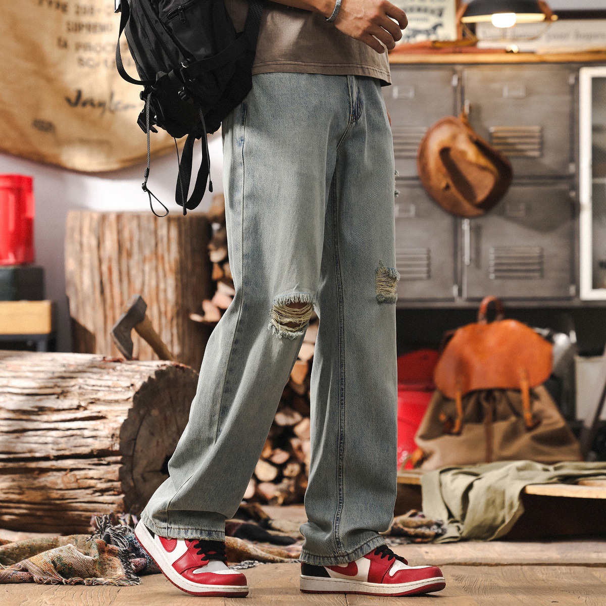 萊賽爾天絲破洞薄款牛仔褲男春季美式復古直筒乞丐潮流男士休閒褲