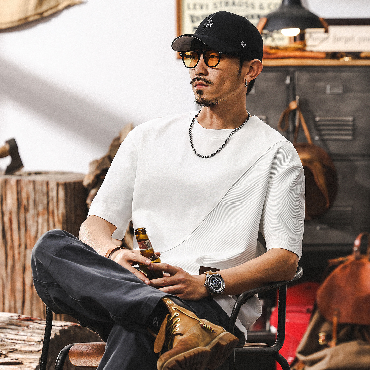 提花T恤男2025新款美式復古潮牌短袖男夏季寬鬆半截袖上衣男