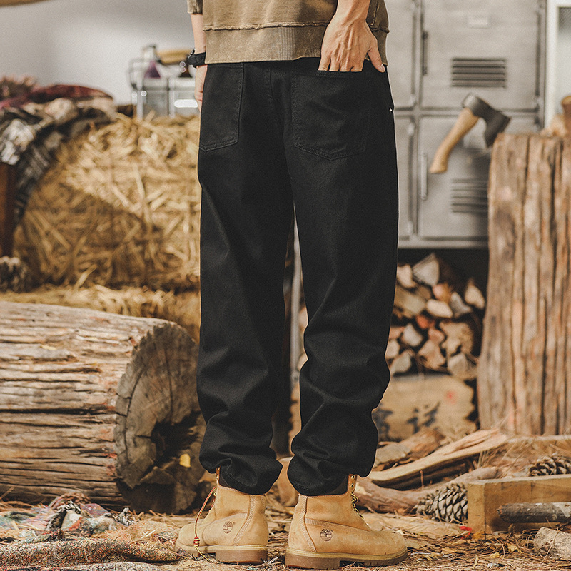 美式復古潮牌加絨黑色牛仔褲男秋冬款2024新款寬鬆直筒痞帥休閒褲