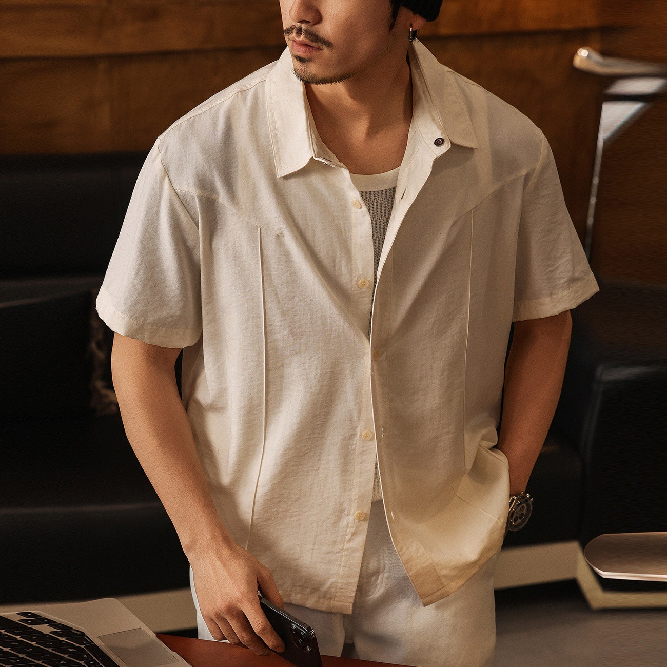 美式復古莫瑞老錢風白色短袖襯衫男士夏季薄款輕奢寬鬆休閒襯衣男