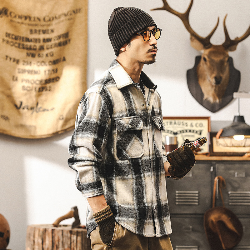 美式復古600g重磅加厚格子襯衫男長袖冬季潮牌寬鬆磨毛秋冬外套男