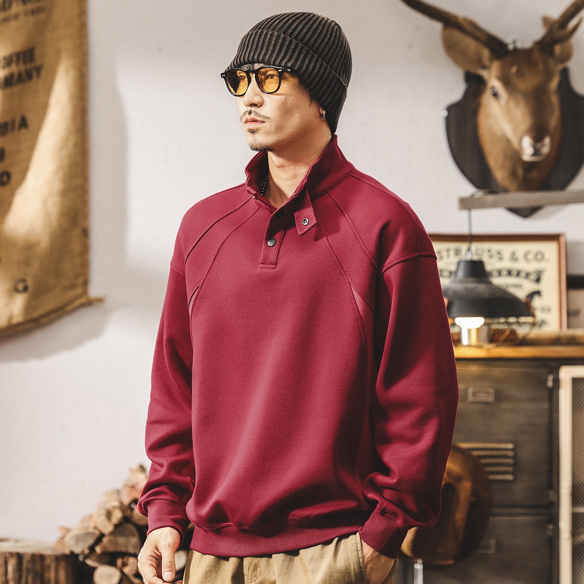 美式復古酒紅色半高領重磅衛衣男春秋新款潮牌寬鬆潮流休閒上衣男