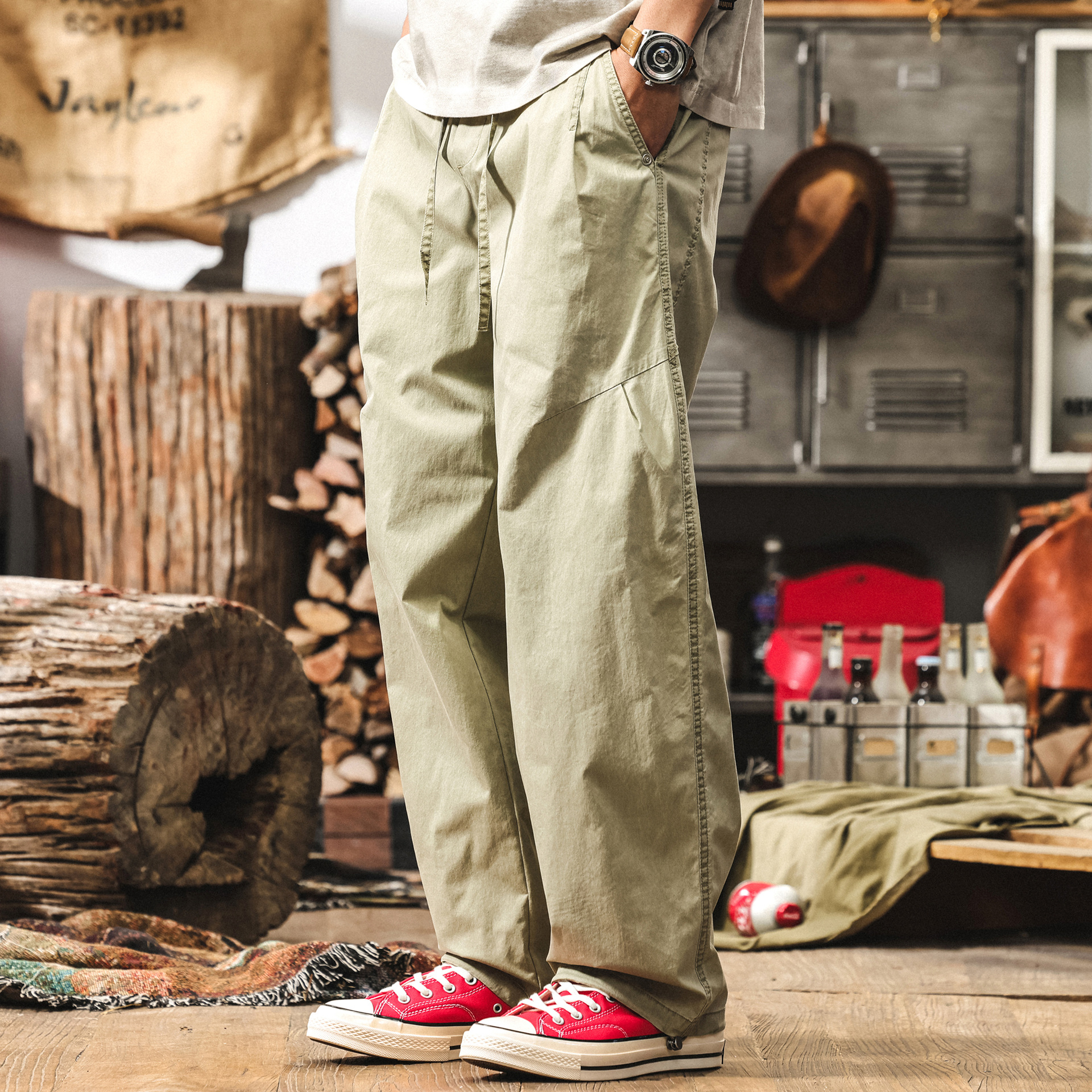 美式復古寬鬆闊腿休閒褲男士夏季新款直筒褲子拼接潮牌工裝束腳褲