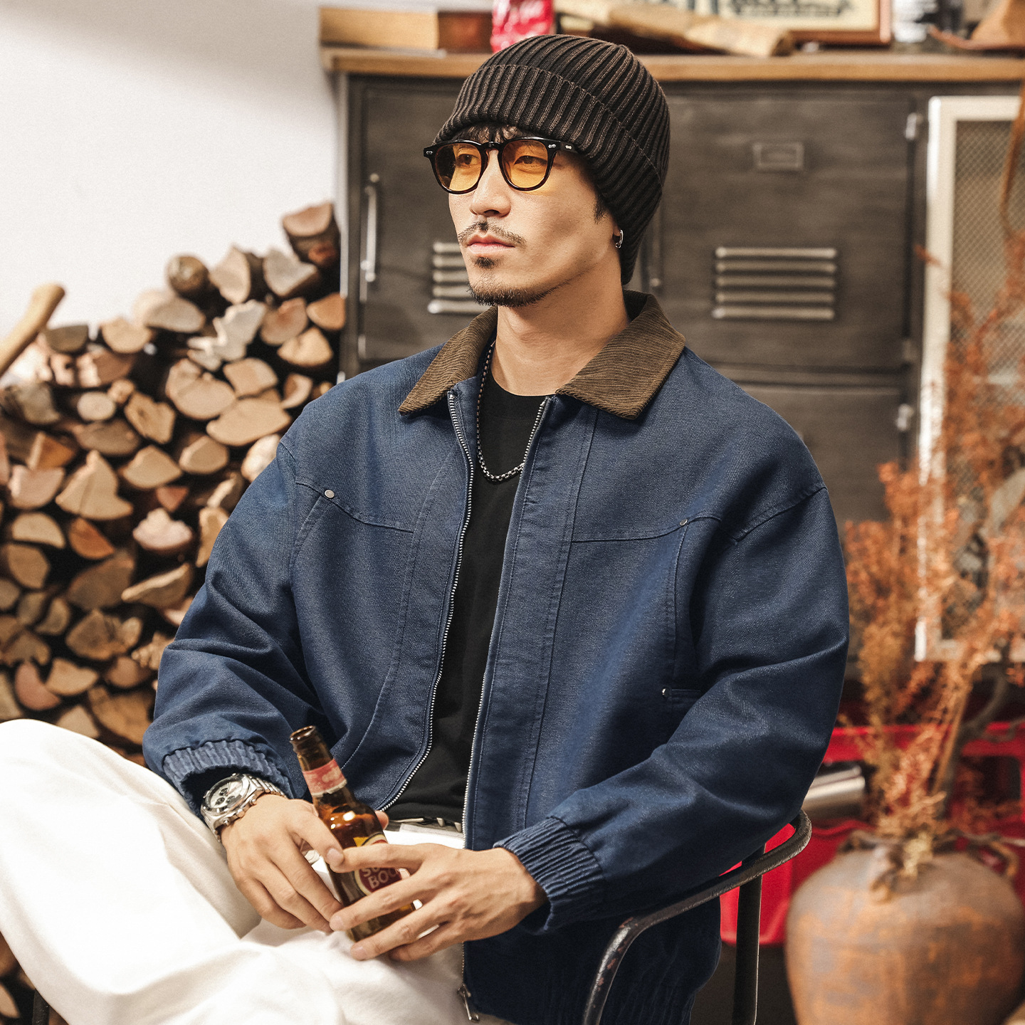 美式復古霜感巴恩風外套男春秋2025新款潮牌工裝寬鬆行政教練夾克