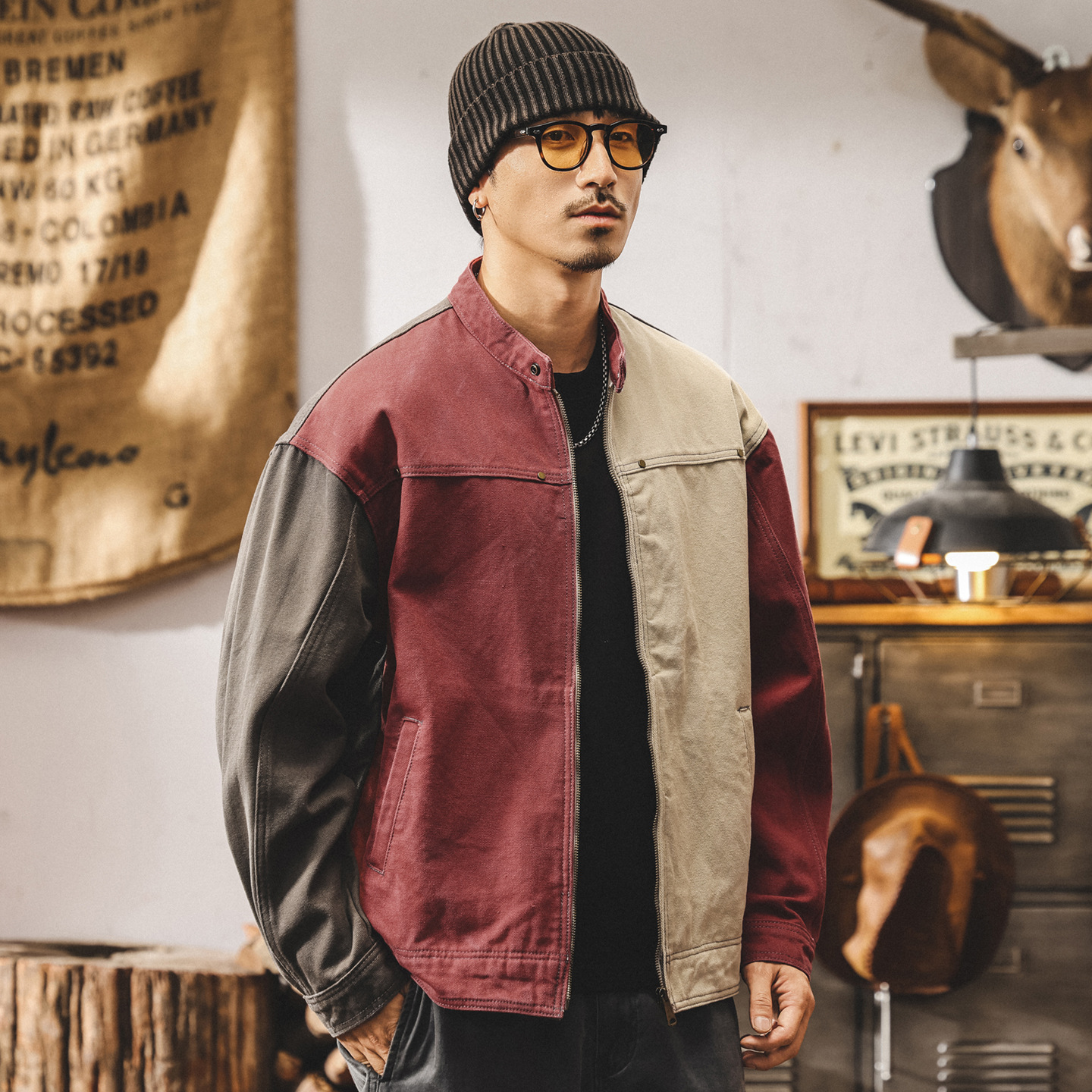 美式重磅復古工裝夾克男秋季寬鬆潮牌機車重工哈靈頓外套男秋春款