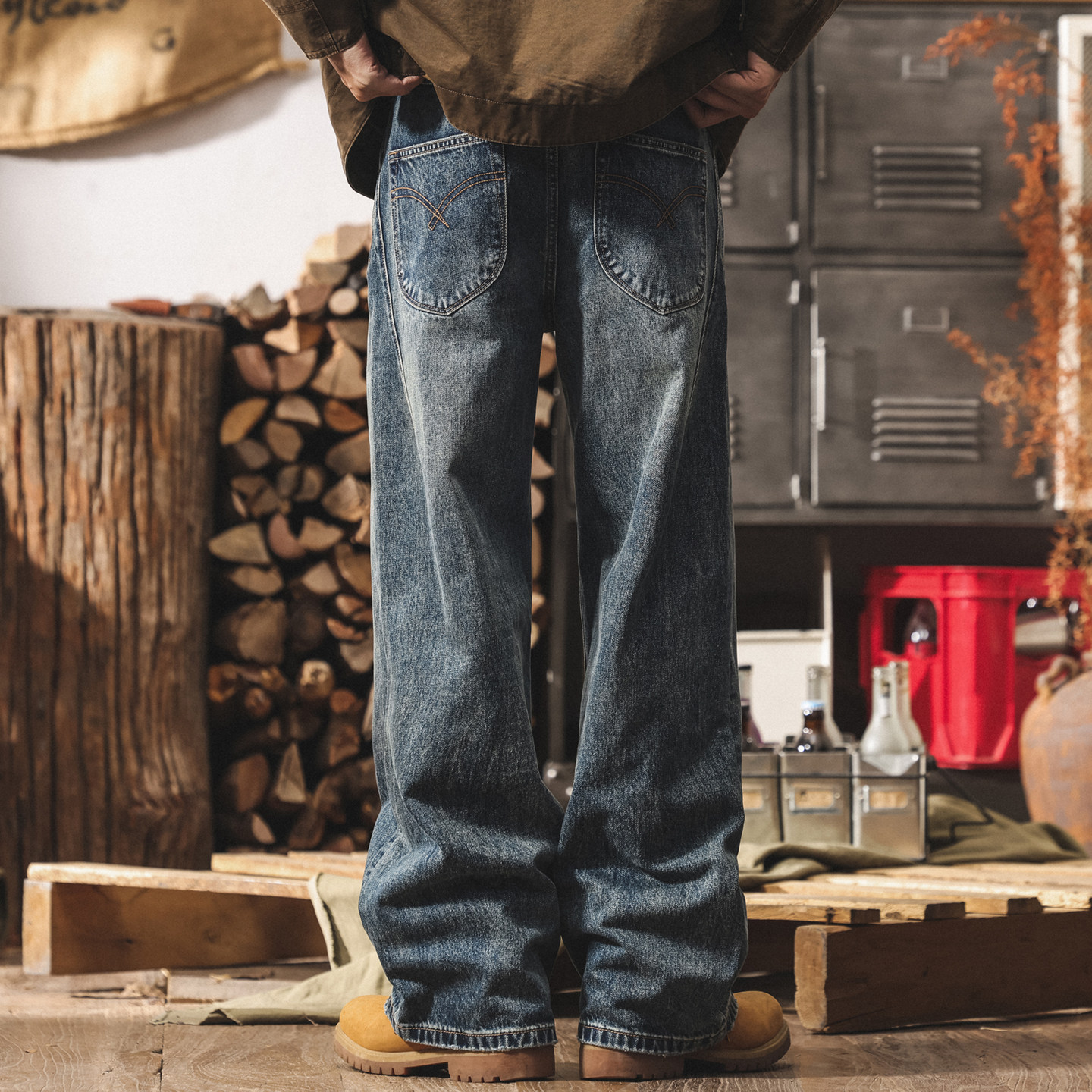 美式復古重磅長絨棉寬鬆微喇牛仔褲男2026春季潮牌水洗直筒休閒褲